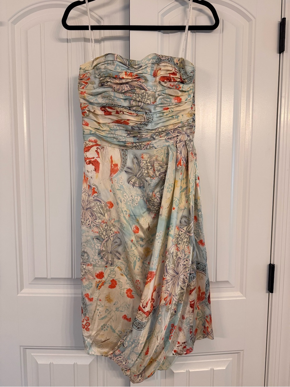 David Meister Strapless Floral draped asymmetrical hem, multi-colored, excellent